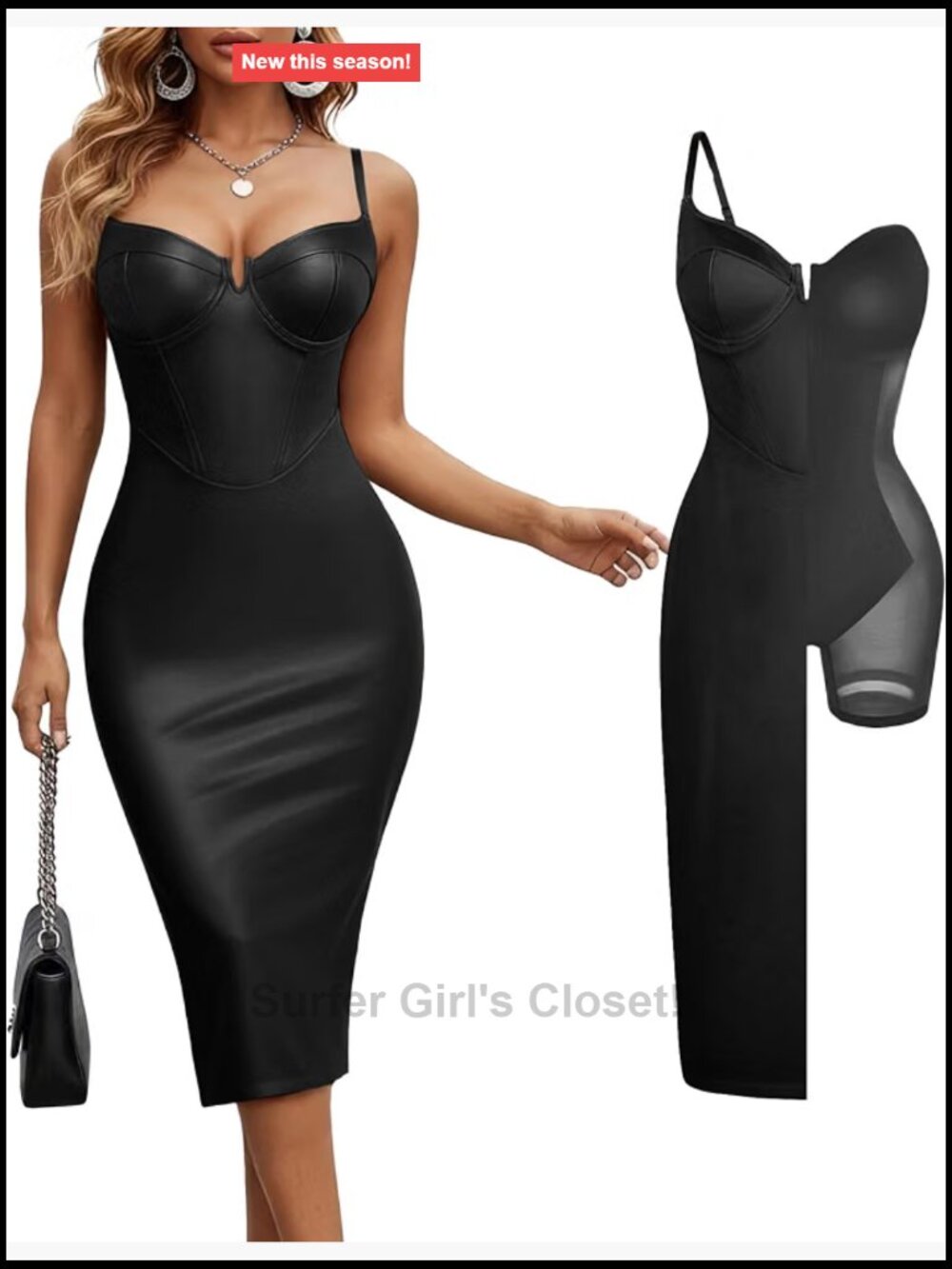 Popilush Corset Shapewear Faux Leather Midi Dress Bodycon Club